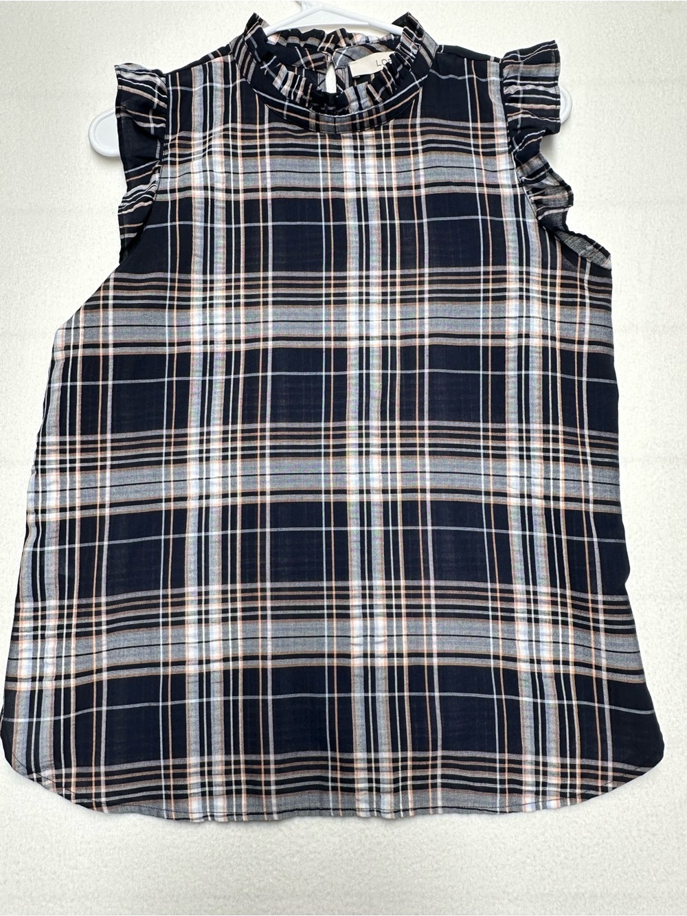 LOFT Women’s Small Plaid Ruffle Sleeveless Blouse Navy Peach White